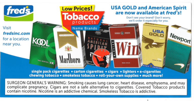 A pharmacy chain's tobacco price flyer listing cigarette brands, delivered as saturation mail
