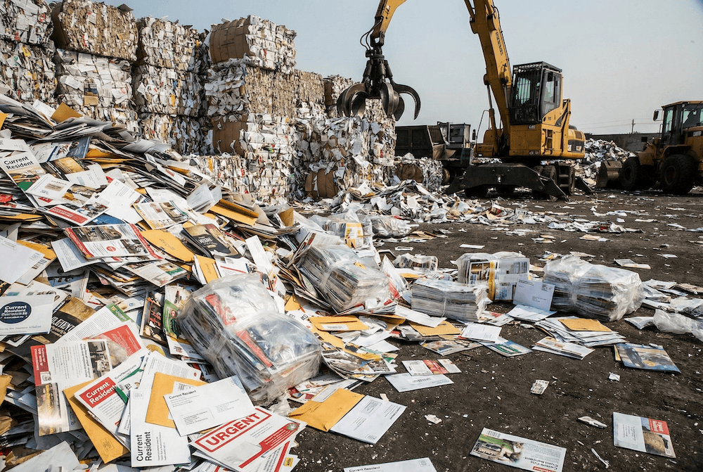 Loose advertising mail, including envelopes addressed to Current Resident, spread across the ground of a paper recycling yard, with stacked paper bales and a grapple loader behind